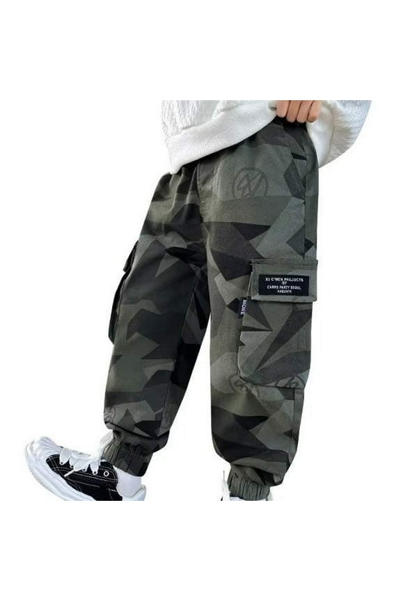 Boys Cargo Pants Elastic Waist Baggy Joggers Kids Camo Hiking School Uniform Sweatpants Camo 6-7 Years