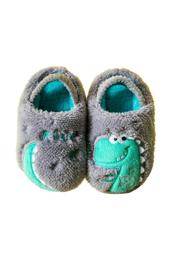 Boys Girls Cozy House Slippers Cute Dinosaur Plush Winter Indoor Shoes with Backstraps 0-8Y