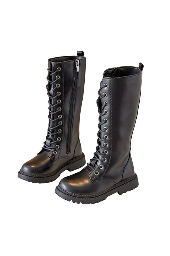 Boys Girls Leather Mid Calf Boots Waterproof Combat Riding Winter Lace up Long Boots(Black,36)