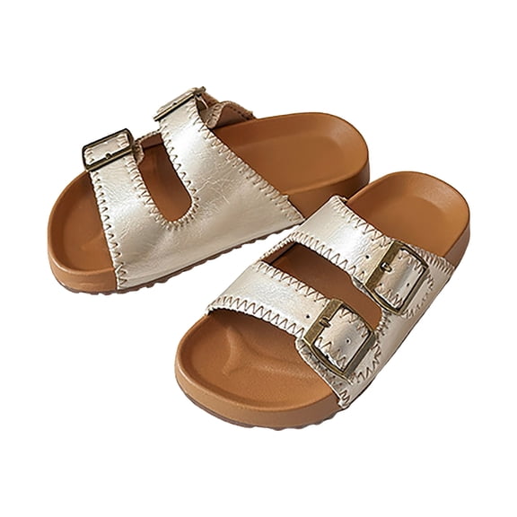 Mepaouo Boys Girls Slide Sandals Cork Footbed Slippers Double Buckle Comfort Slip on Shoes