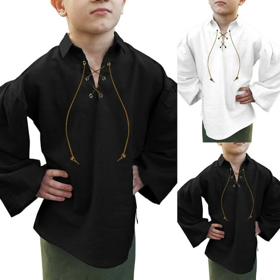 Mepaouo Boys Medieval Pirate Shirt Kids Renaissance Lace up Halloween Clothes Toddler Ruffle Dress Tops Black 10-12 Years