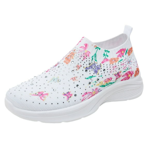 Mepaouo Casual Shoes Women Rhinestone Floral Print High Top Sneakers Lightweight Comfy Walking Shoes
