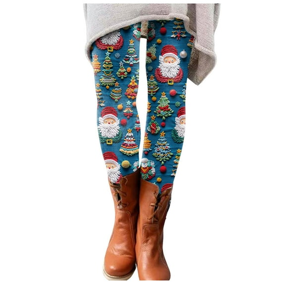 Mepaouo Christmas Leggings for Women Comfy Festive Holiday Themed High Mid Waisted Leggings(Blue,XL)