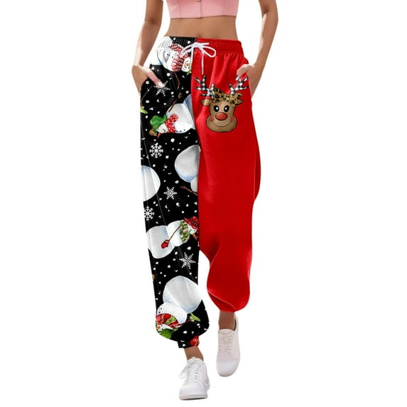 Mepaouo Christmas Sweatpants for Women Jogger Drawstring High Waist Baggy Sweat Trousers(Red,2XL)