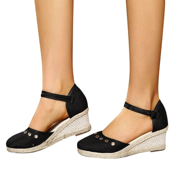 Mepaouo Closed Toe Sandals Women's Espadrilles Low Wedge Heel Sandal Casual Platform Dressy Shoes Black Size 7.5
