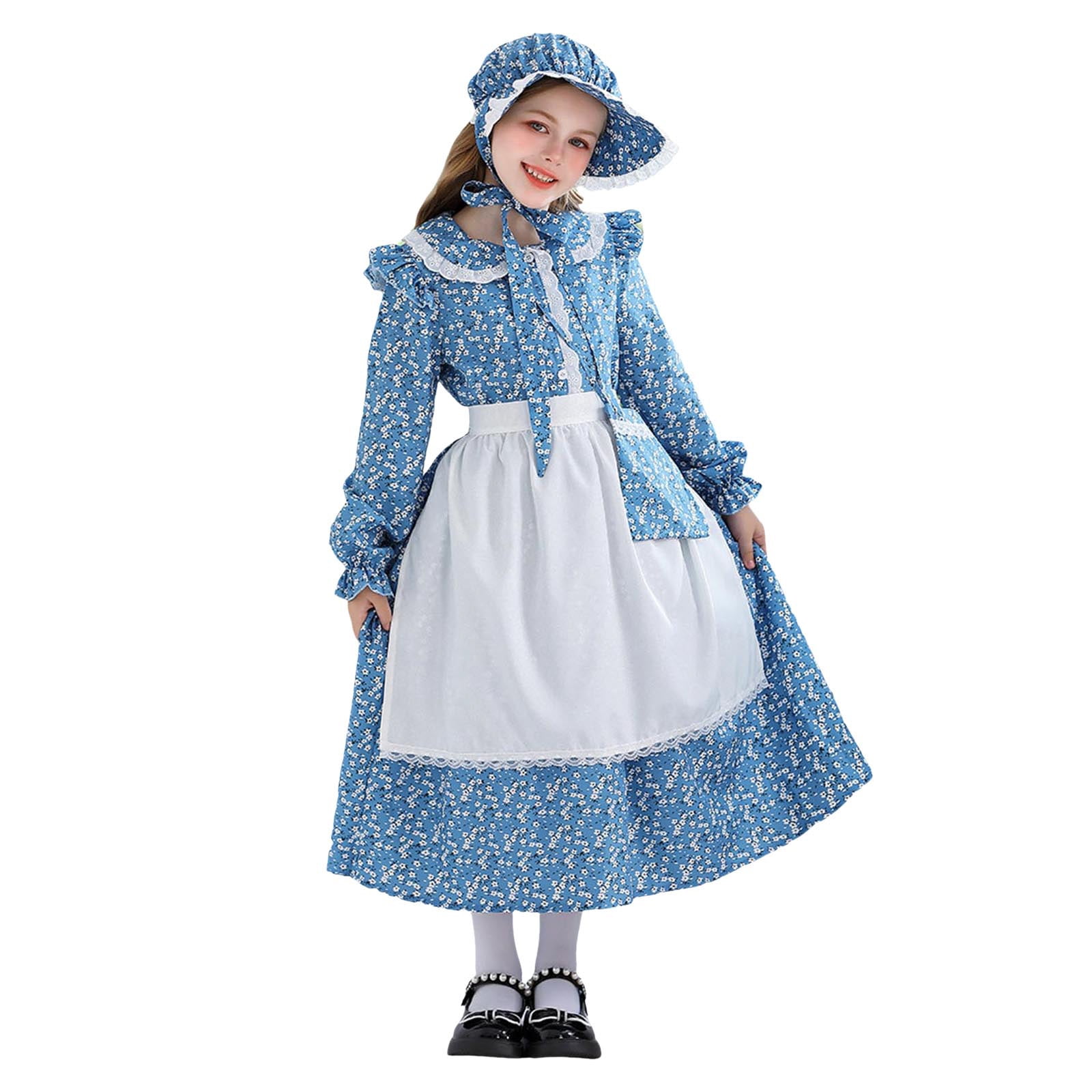 Girls Halloween Costume Girls Pioneer Costume Set - Colonial Prairie Dress  With Apron & Bonnet For Historical Reenactment, 4-Piece