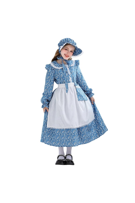 Colonial Girl Dress Set Pioneer Floral Dirndl Dresses Outfit with Apron Bonnet for Bavarian Beer