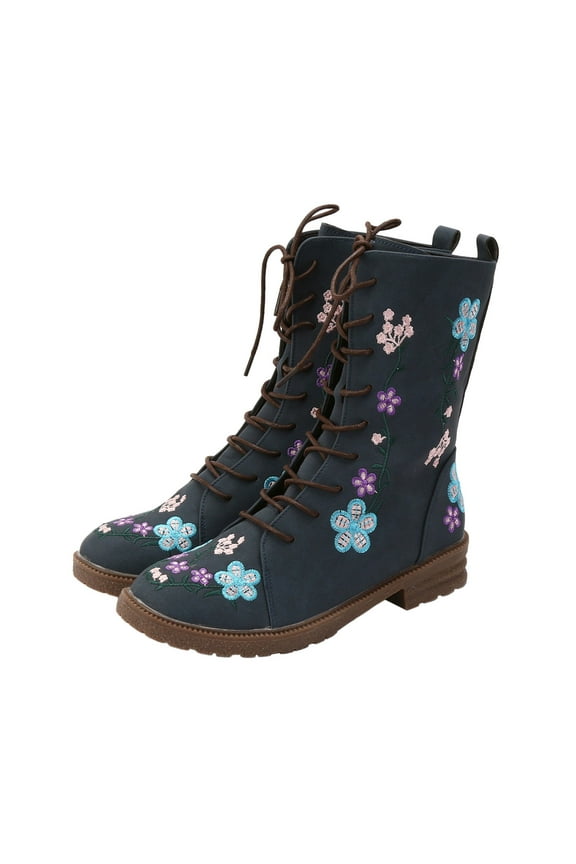 Combat Boots for Women Flower Embroidery Lace up Ankle Booties Retro Casual Dress Winter Shoes