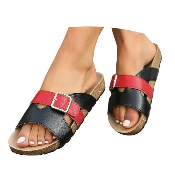 Mepaouo Cork Footbed Sandals for Women Open Toe Leather Slip on Slides Arch Support Walking Shoes