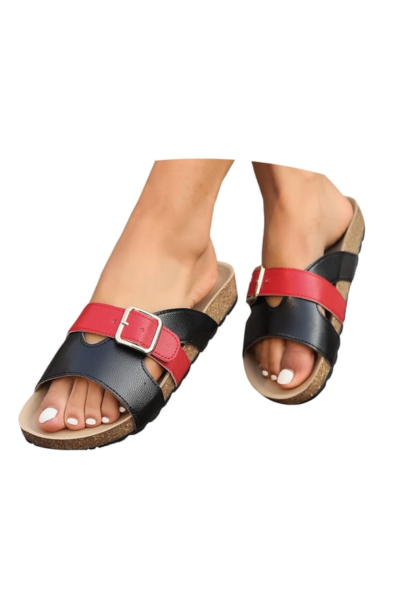 Cork Footbed Sandals for Women Open Toe Leather Slip on Slides Arch Support Walking Shoes