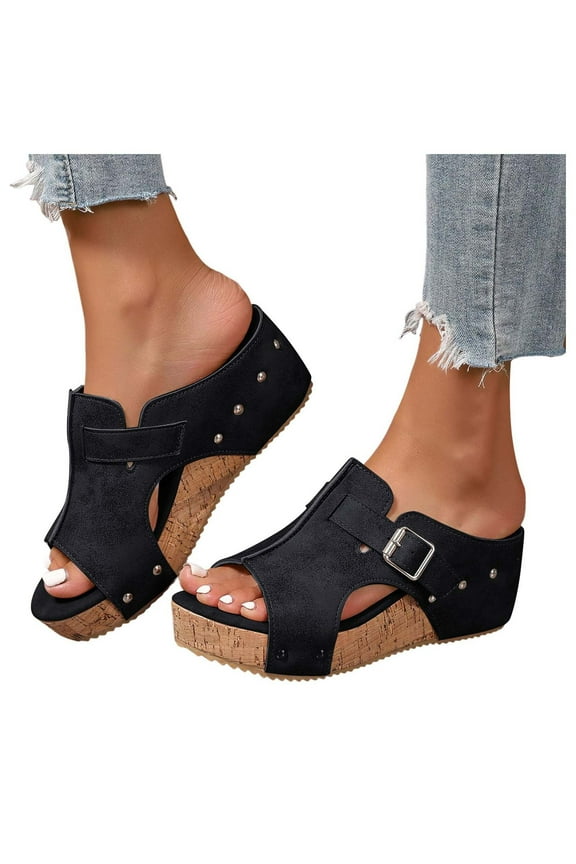 Cork Wedges Platform Slide Sandals for Women Thick Sole Leather Non Slip Summer Shoes Black 7