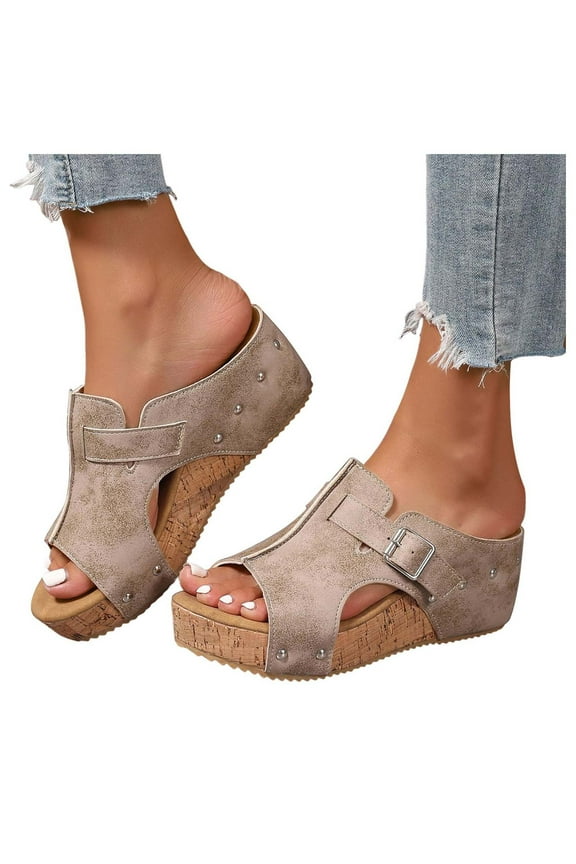Cork Wedges Platform Slide Sandals for Women Thick Sole Leather Non Slip Summer Shoes Khaki 9