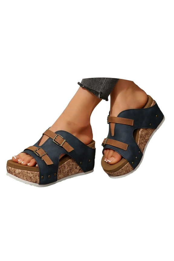 Cork Wedges Platform Slides Women's Thick Sole Non Slip Summer Dressy Sandals Walkig Shoes