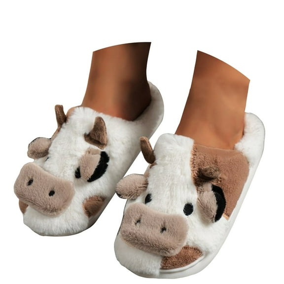 Mepaouo Cow Slippers for Women Cute Animal Cartoon Fuzzy Slippers Soft Plush House Slippers