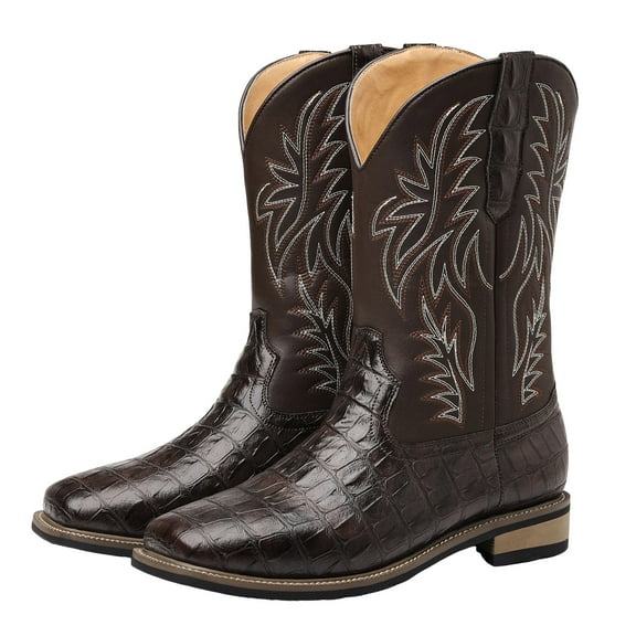 Mepaouo Cowboy Boots for Men Embroidery Square Toe Work Boots Pull on Country Western Slip on Booties