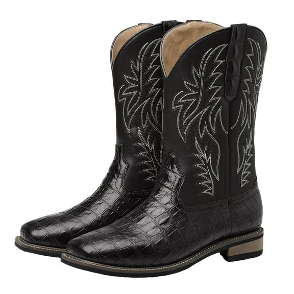 Mepaouo Cowboy Boots for Men Embroidery Square Toe Work Boots Pull on Country Western Slip on Booties
