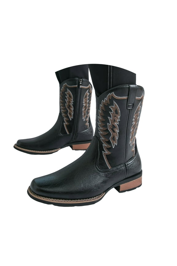 Cowboy Boots for Men Square Toe Western Mid Calf Booties Embroidered Chunky Heel Pull on Ankle Boots
