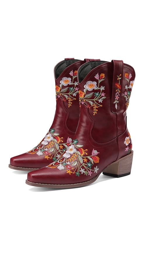 Cowboy Boots for Women Ankle Cowgirl Booties Embroidered Pointed Toe Western Mid Calf Boots