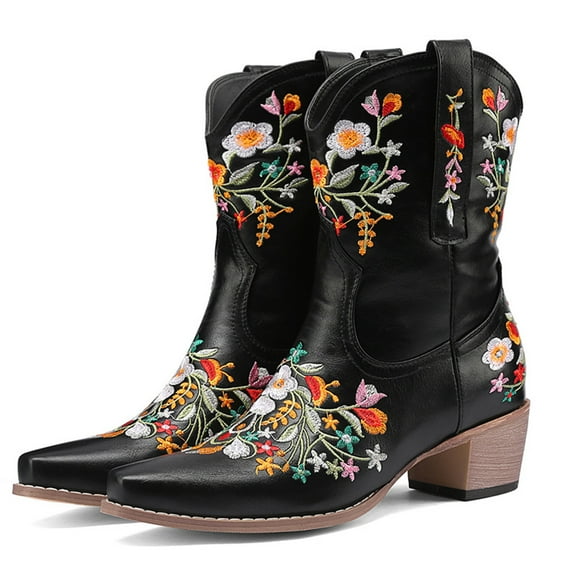 Mepaouo Cowboy Boots for Women Ankle Cowgirl Booties Embroidered Pointed Toe Western Mid Calf Boots