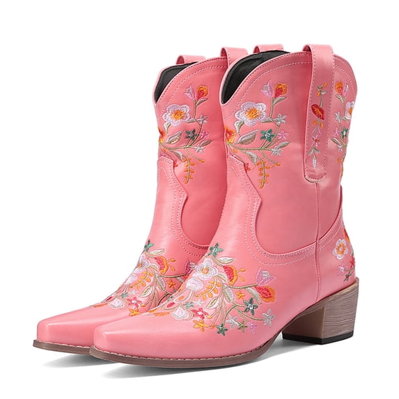 Mepaouo Cowboy Boots for Women Ankle Cowgirl Booties Embroidered Pointed Toe Western Mid Calf Boots