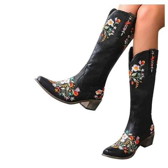 Mepaouo Cowboy Boots for Women Embroidered Western Cowgirl Boots Pointed Toe Casual Knee High Tall Boot Black 6.5
