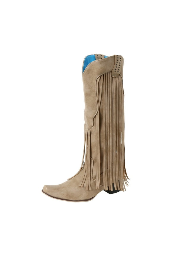 Cowboy Boots for Women Fringe Pointed Toe Chelsea Cowgirl Boots Knee High Western Boots