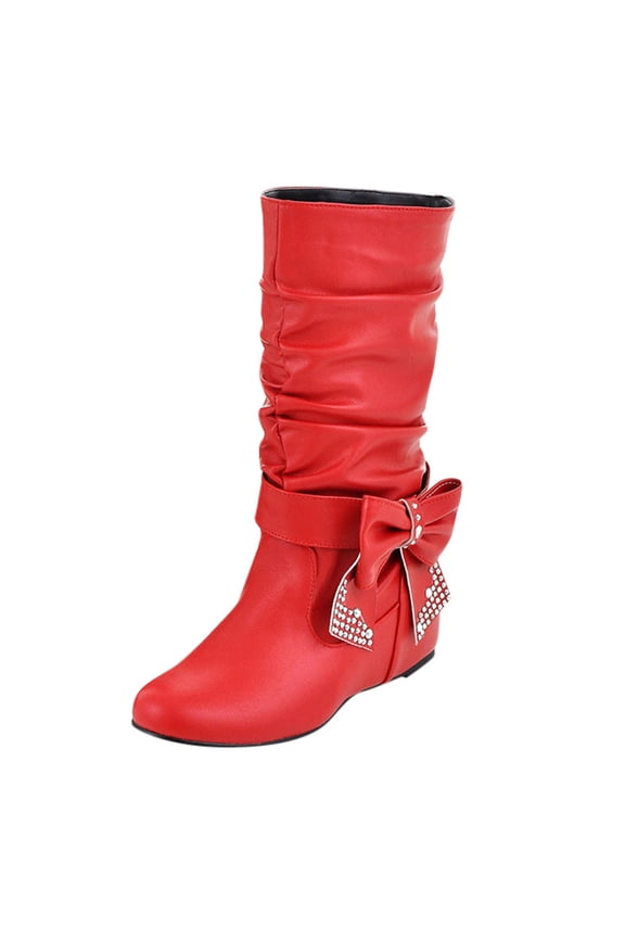 Cowboy Boots for Women Leather Adjustable Bow Mid Calf Winter Dressy Ankle Booties