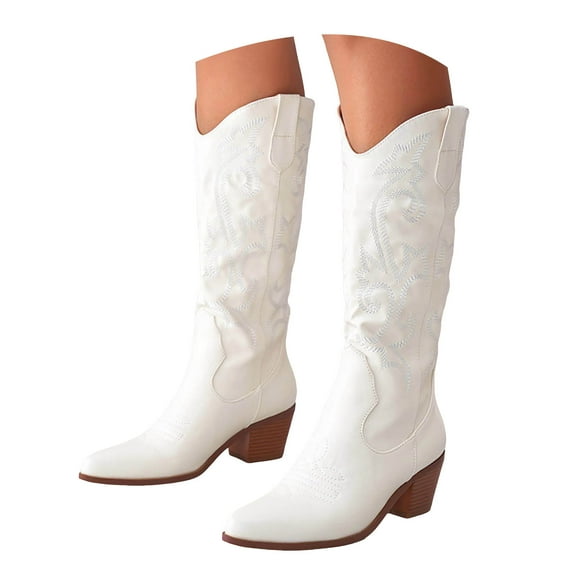 Mepaouo Cowboy Boots for Women Vintage Knee High Cowgirl Boots Embroidered Pointed Toe Pull on Western Boot