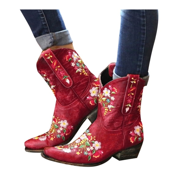 Mepaouo Cowboy Boots for Women Western Ankle Cowgirl Boot Flower Embroidered Retro Country Booties