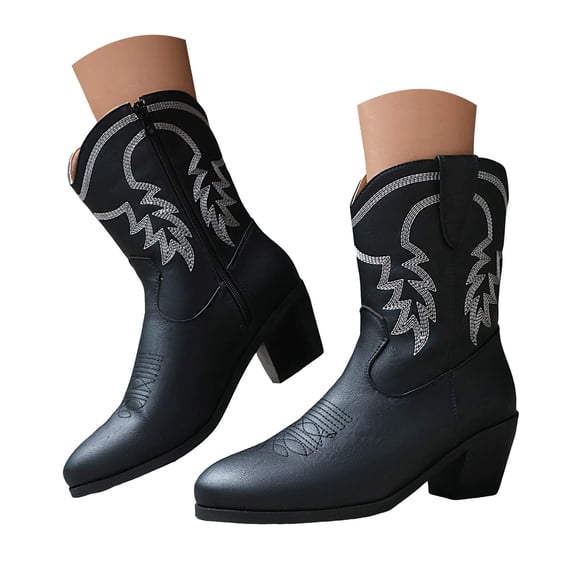 Mepaouo Cowboy Boots for Women Western Embroidered Cowgirl Boot Vintage Retro Country Mid Calf Booties