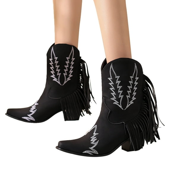 Mepaouo Cowboy Cowgirl Boots for Women Low Heel Tassel Chelsea Booties Stylish Walking Shoes