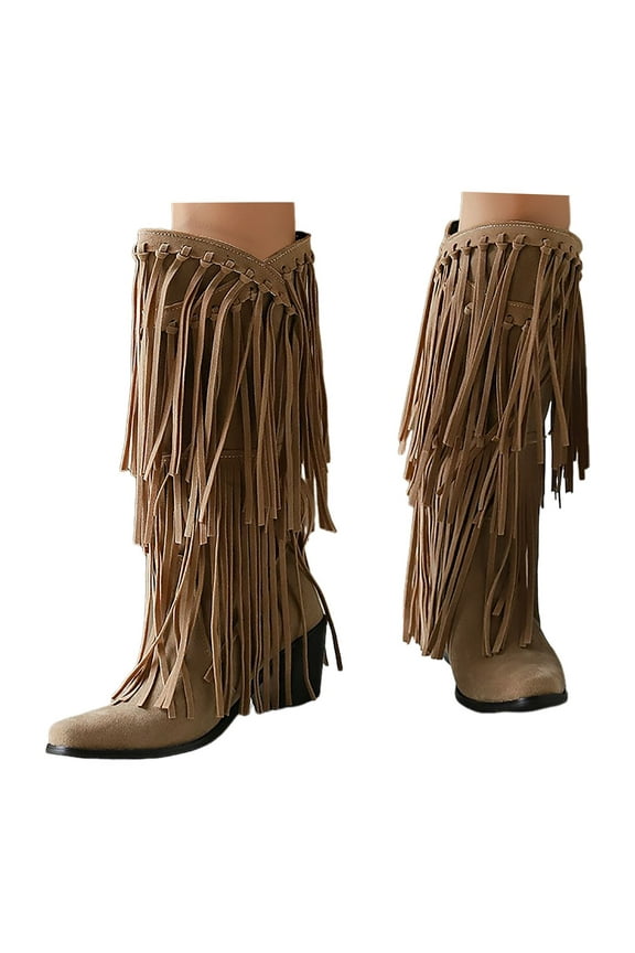 Cowboy Cowgirl Boots for Women Suede Pointed Toe Chelsea Tassels Western Knee High Boots