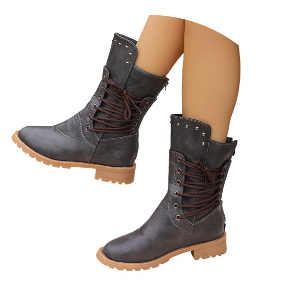 Mepaouo Cowboy Western Boots for Women Leather Zipper Mid Calf Boots Motocycle Riding Walking Booties