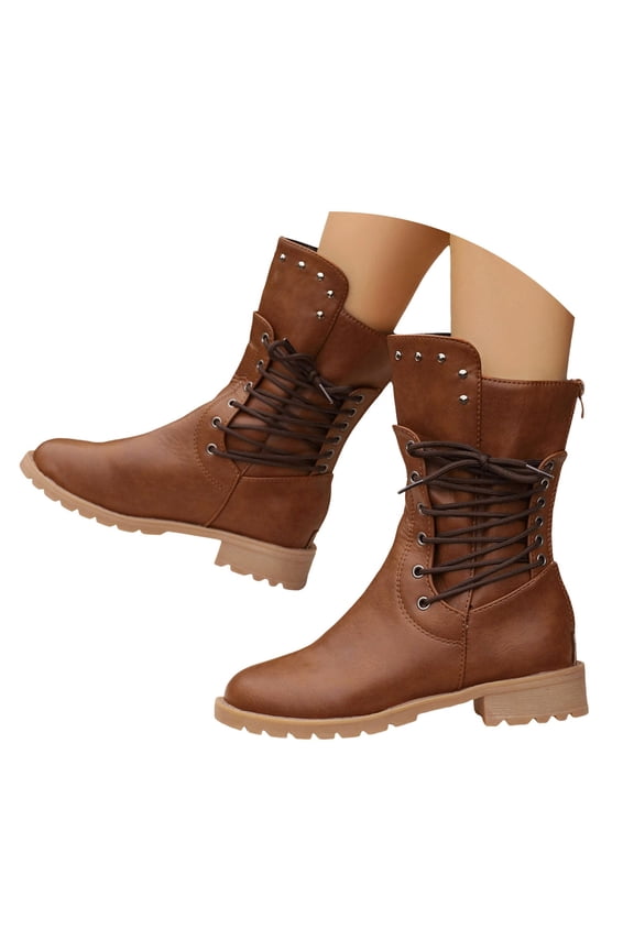 Cowboy Western Boots for Women Leather Zipper Mid Calf Boots Motocycle Riding Walking Booties