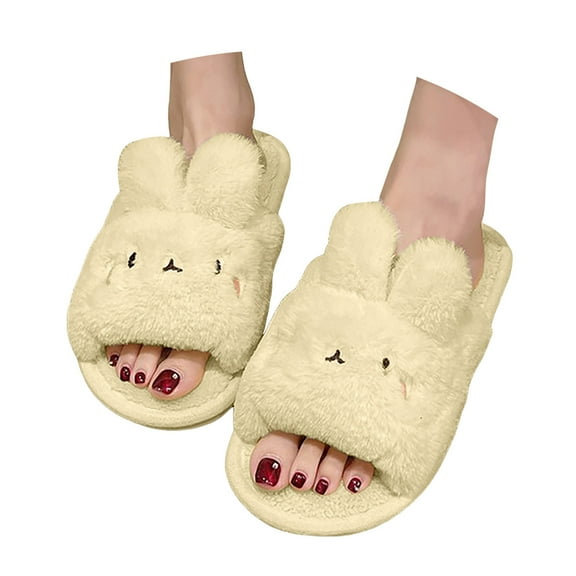 Mepaouo Cute Bunny Open Toe Slippers for Women Rabbit Warm Winter Plush Slippers Cozy Indoor House Shoes