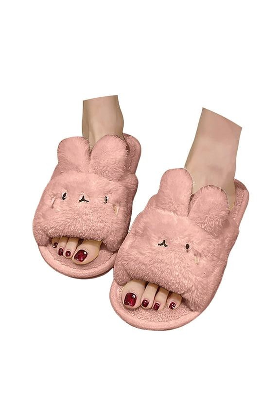 Cute Bunny Open Toe Slippers for Women Rabbit Warm Winter Plush Slippers Cozy Indoor House Shoes