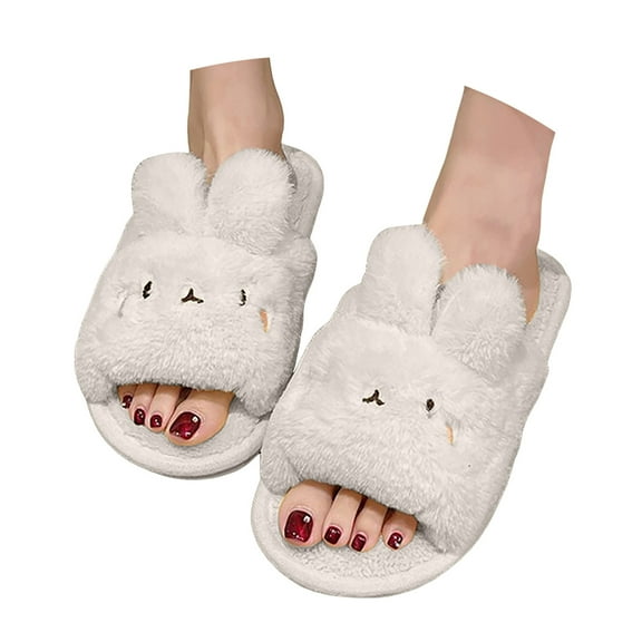 Mepaouo Cute Bunny Open Toe Slippers for Women Rabbit Warm Winter Plush Slippers Cozy Indoor House Shoes