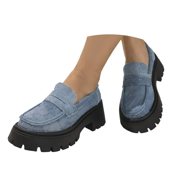 Mepaouo Denim Loafers for Women Casual Moccasins Women's Penny Loafers Slip on Flat Shoes(Blue,7)