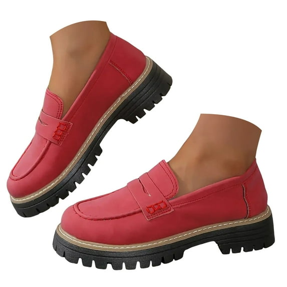 Mepaouo Dress Loafers for Women Leather Platform Mary Janes Shoes Casual Formal Work Shoes(Red,6.5)