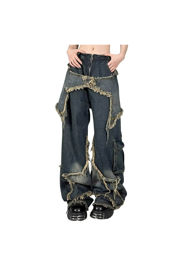 Fading Jeans Womens Distressed Trendy Wide Straight Leg Y2k Edge Star Denim Pants Sizes S-2X