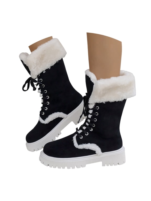 Fashion Platform Mid Calf Boots for Women Lace up Fleeced Winter Warm Outdoor Shoes(Black,5.5)