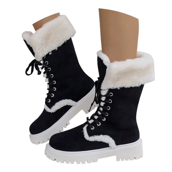 Mepaouo Fashion Platform Mid Calf Boots for Women Lace up Fleeced Winter Warm Outdoor Shoes(Black,6)