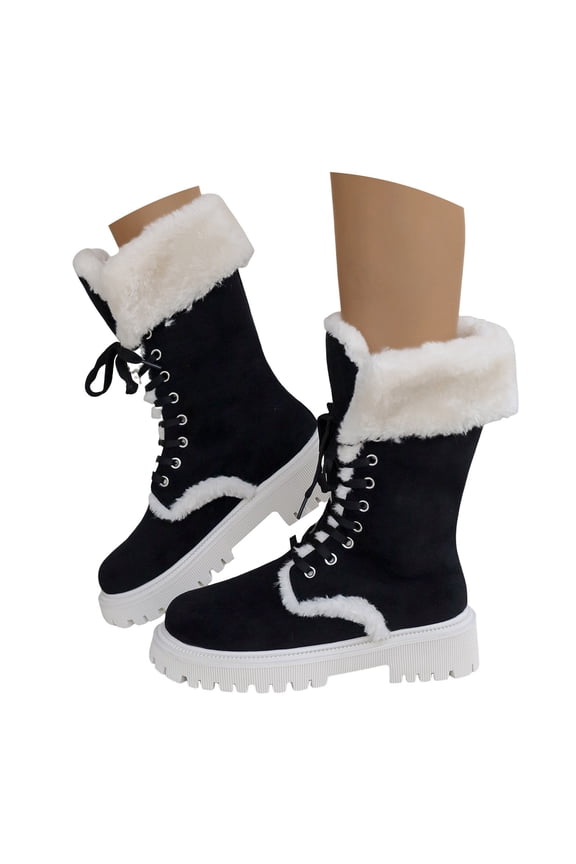 Fashion Platform Mid Calf Boots for Women Lace up Fleeced Winter Warm Outdoor Shoes(Black,8.5)