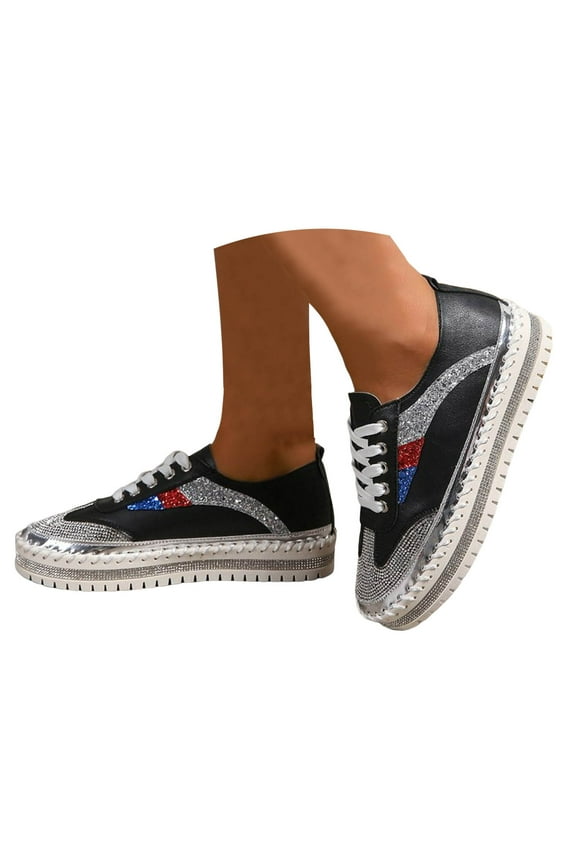 Fashion Sneakers for Women Rhinestone Flat Platform Canvas Walking Casual Shoes(Black,5.5)