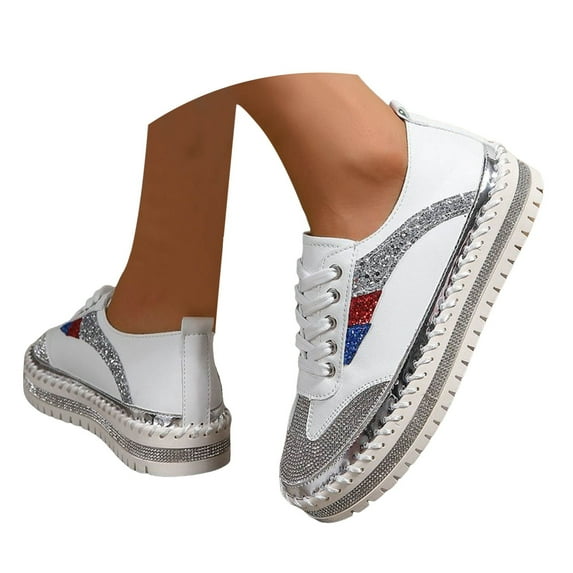 Mepaouo Fashion Sneakers for Women Rhinestone Flat Platform Canvas Walking Casual Shoes(White,9.5)