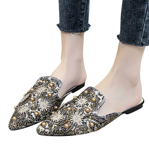Mepaouo Flat Mules Shoes for Women Pointed Toe Backless Loafer Shoes Bohemia Print Casual Shoes