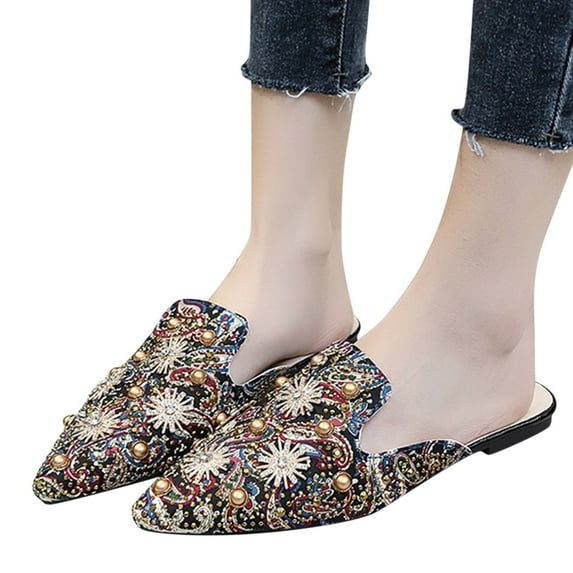 Mepaouo Flat Mules Shoes for Women Pointed Toe Backless Loafer Shoes Bohemia Print Casual Shoes
