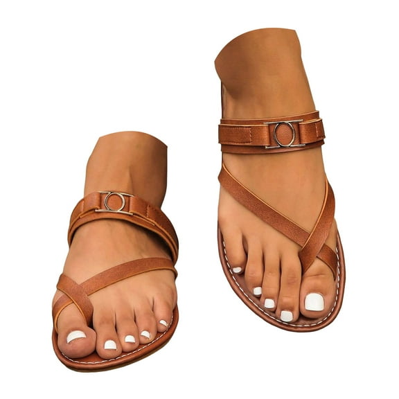 Mepaouo Flat Sandals for Women Cross Strappy Leather Dressy Slides Toe Ring Slip on Walking Shoes