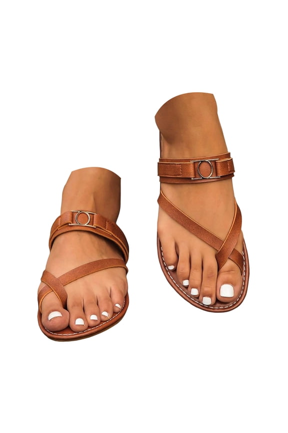 Flat Sandals for Women Cross Strappy Leather Dressy Slides Toe Ring Slip on Walking Shoes