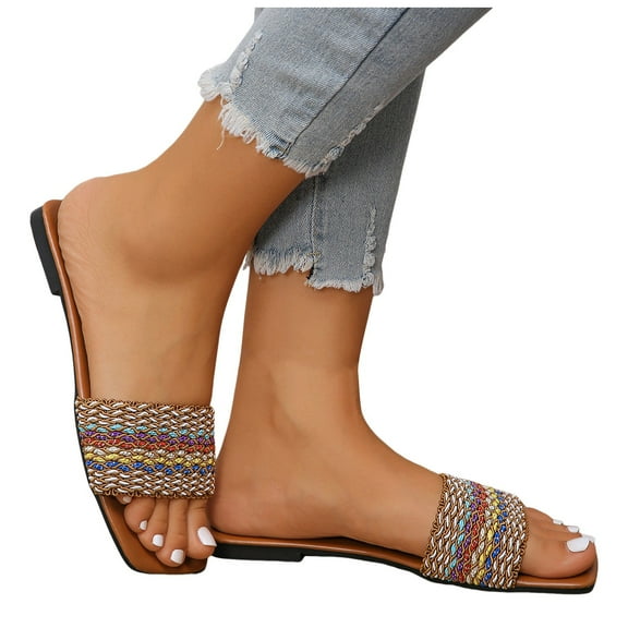 Mepaouo Flat Slide Sandals for Women Square Open Toe Footbed Slippers Fashion Bohemia Footwear Size 9.5